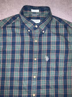 US Polo Assn. Shirt Mens Medium Blue Green Tartan Plaid Tailored Fit Wool Blend Long Sleeve