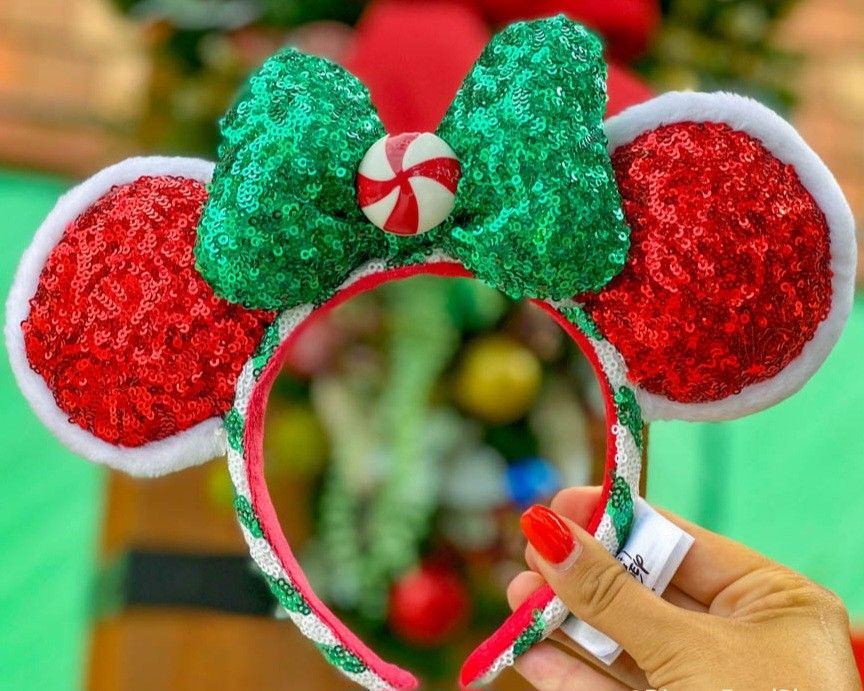 Disney Parks Red Peppermint Ears with Green Sequins Bow Minnie Mouse Ears