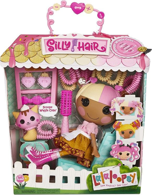 Lalaloopsy Silly Hair Doll Scoops Waffle Cone Doll and Pet Cat 13" Ice Cream Multicolor Hair Styling Doll  11 Accessories Salon Playset Kids Gifts Toy