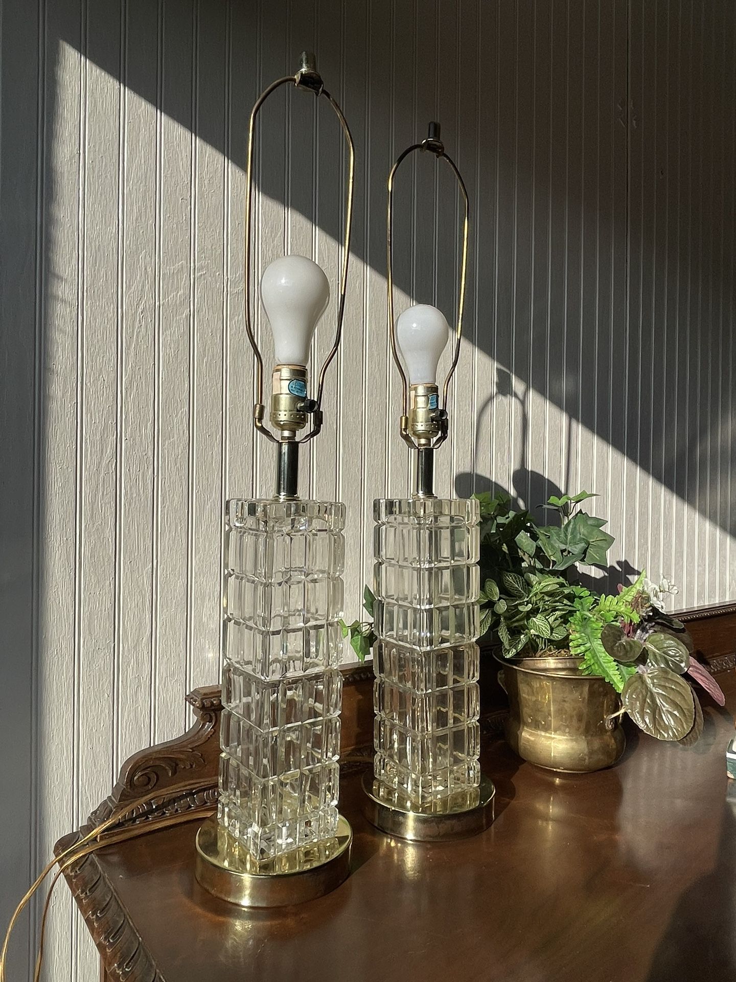 Pair of Mid Century Beveled Block Cube Table Lamps