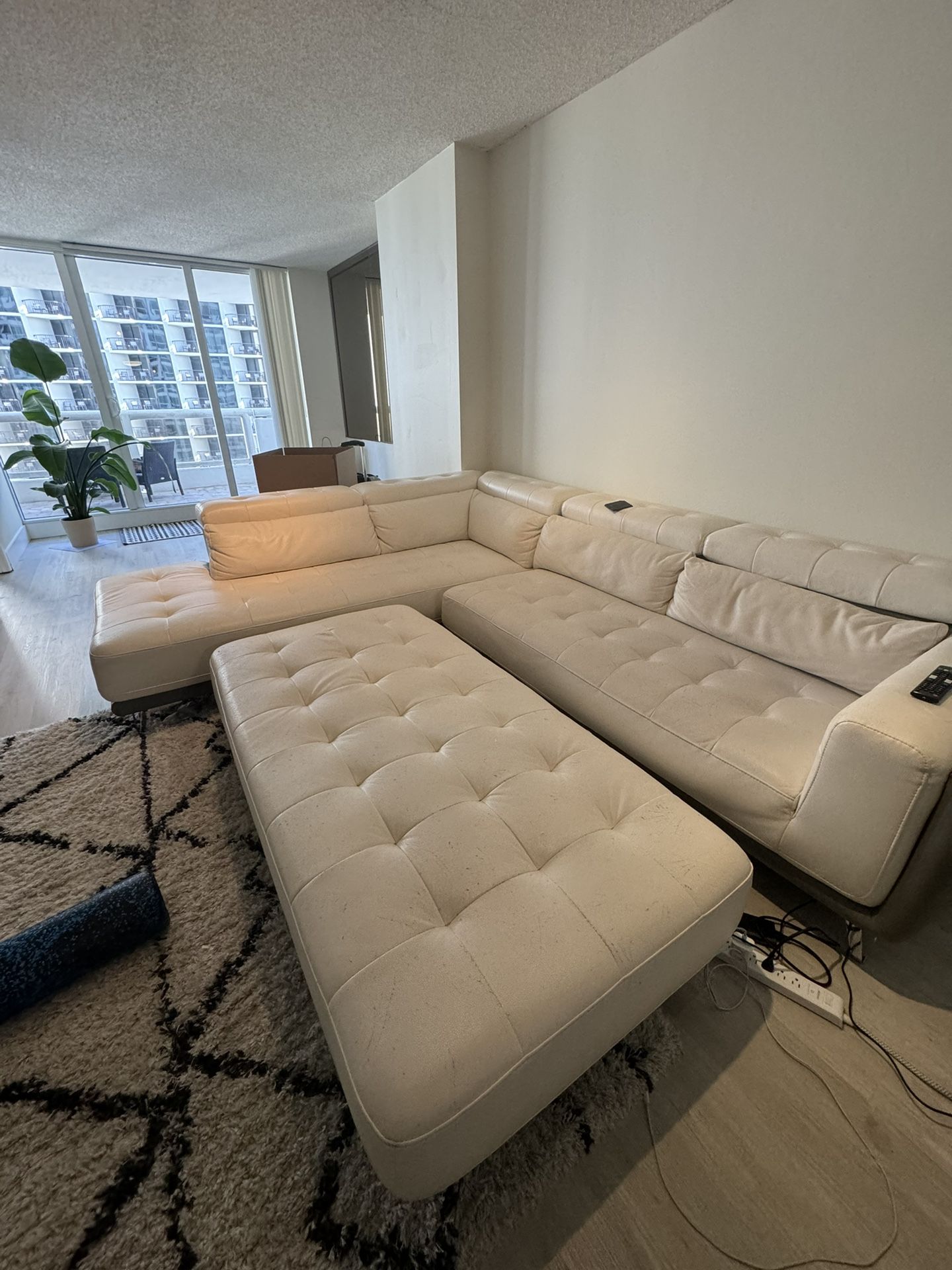 Large White Leather Couch with Ottoman 