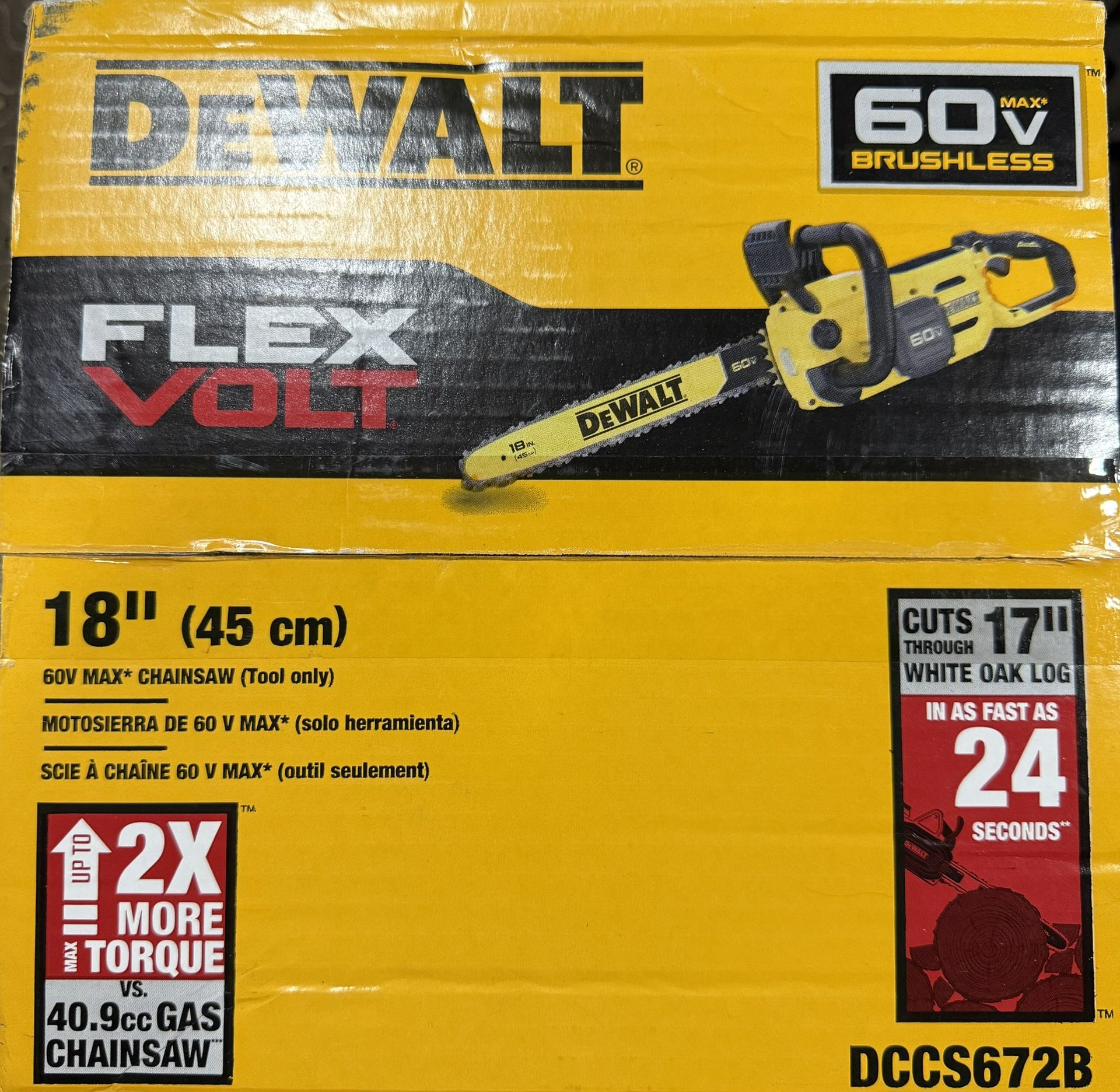 Dewalt  Flexvolt 60V  18” Chainsaw (Tool Only)