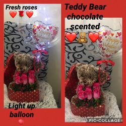 ❤️PERFECT GIFT🎁TEDDY BEAR WITH LIGHT UP BALLOONS & FRESH ROSES❤️🌹🎈❤️