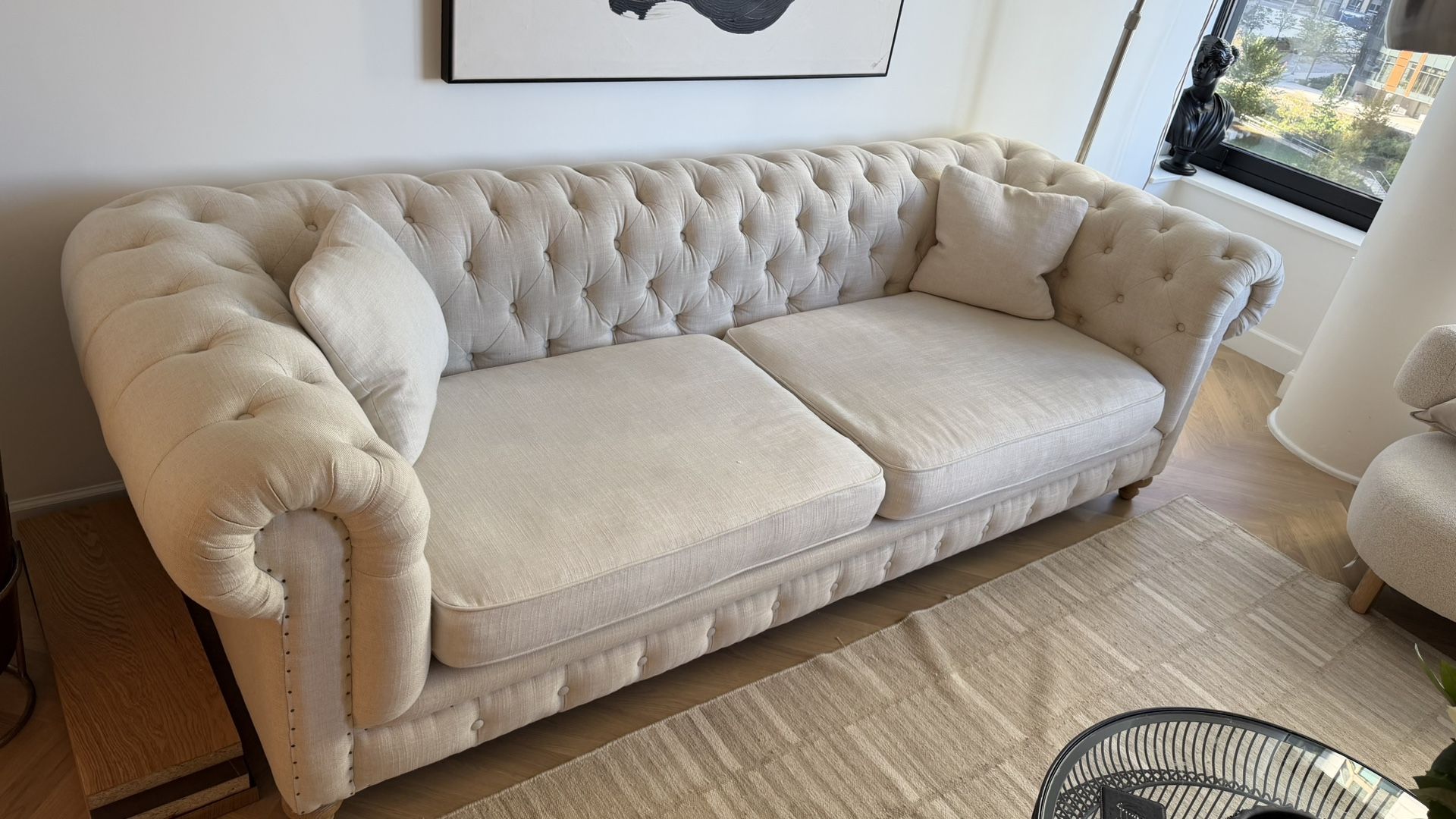 Chesterfield Linen Sofa, Armchair And Ottoman 