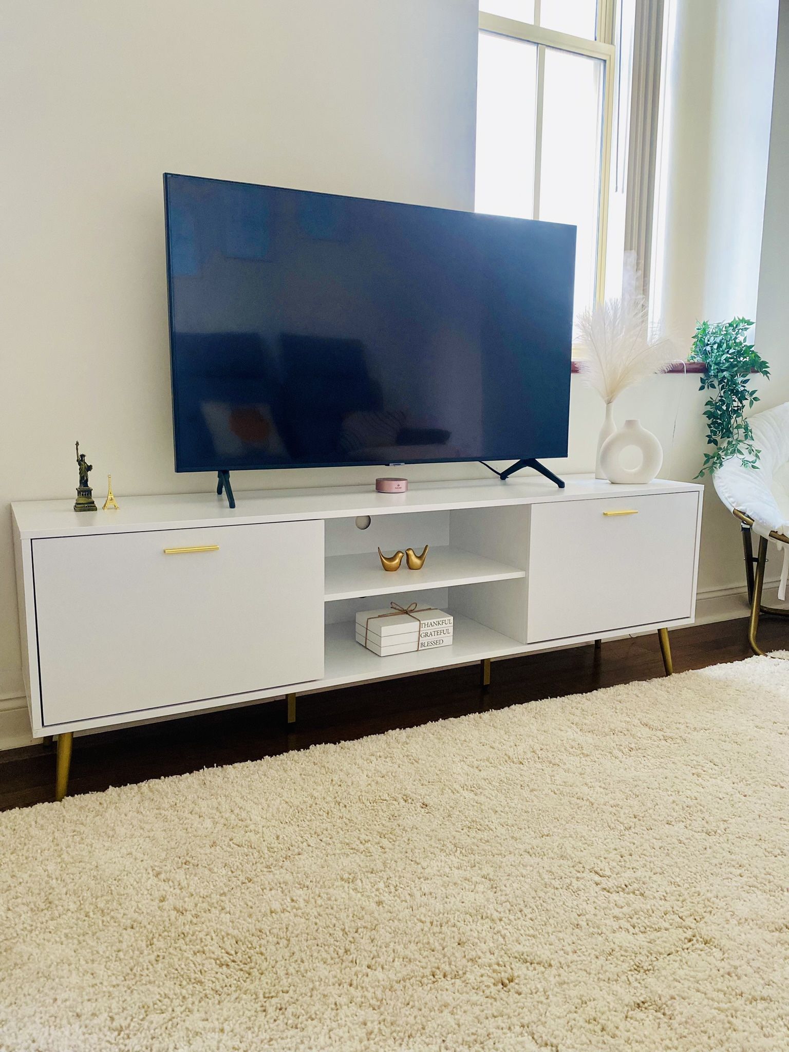 TV Stand Modern White Gold Media Console with Storage Cabinet For Living Room TV up to 75in