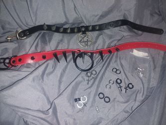 Goth accessories, Pentagram choker, red spiked choker, fake piercings