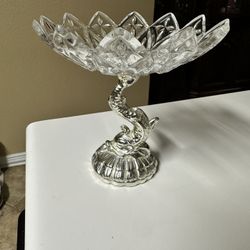 Vintage Cut Glass And Metal Fish Pedestal Candy Bowl Home Decor 
