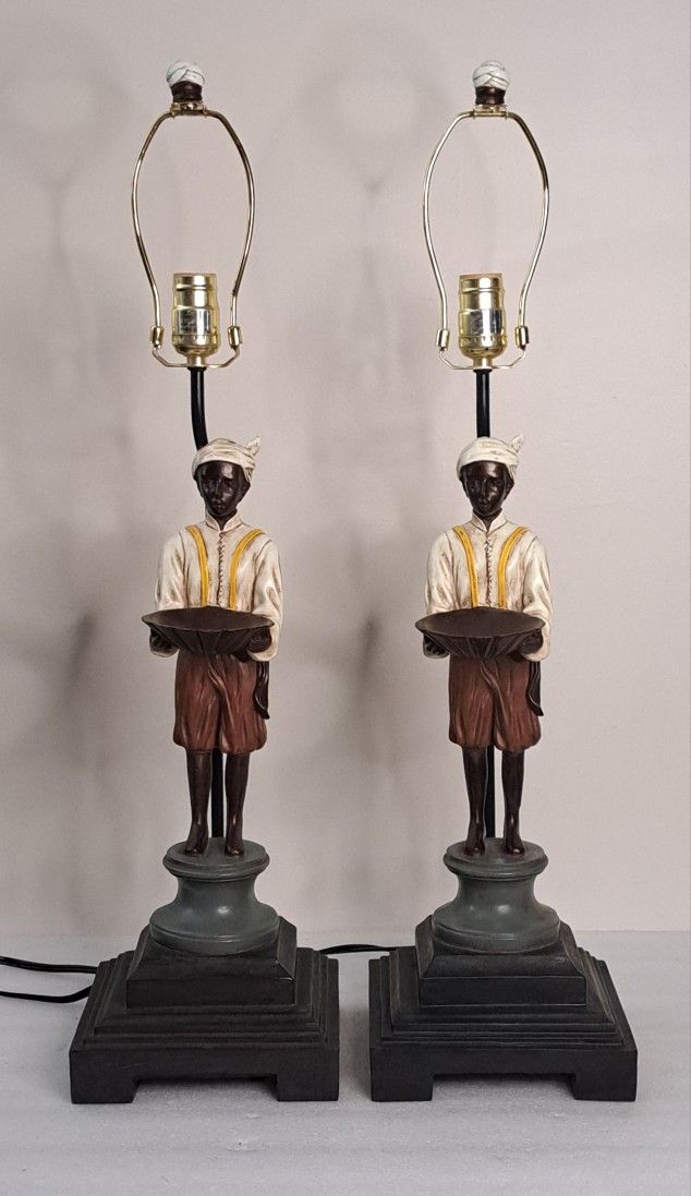 Unique Pair of Blackamoor Nubian Egyptian Figural Plaster Table Lamps MCM 1980s