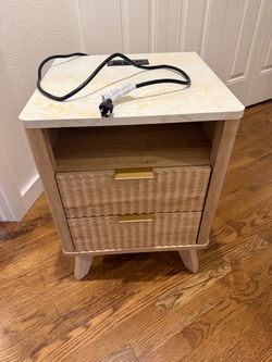 18" Fluted Nightstand with 2 Drawers, Natural Oak Charging Station, Open Cubby, Mid Century