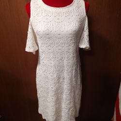 RN STUDIO, WHITE LACE, STRETCHY, COLD SHOULDER, LINED, SHEATH DRESS, 10