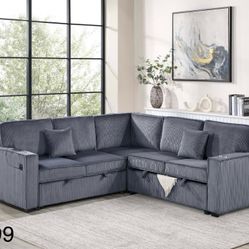Corduroy Sectional Sleeper With Storage And Usb Charging Port