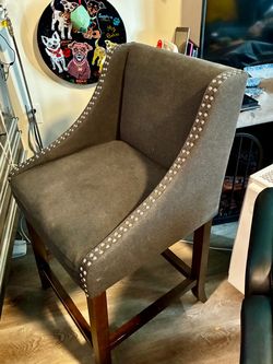 Gray Upholstered Bar Stool with Nailhead Trim set of 2
