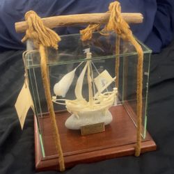 Vintage Hand carved fish bones Model ship with glass case