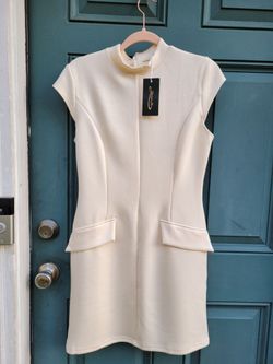 Qeefan Women's M Ivory Mock Neck Sheath Dress  Cap Sleeve NWT