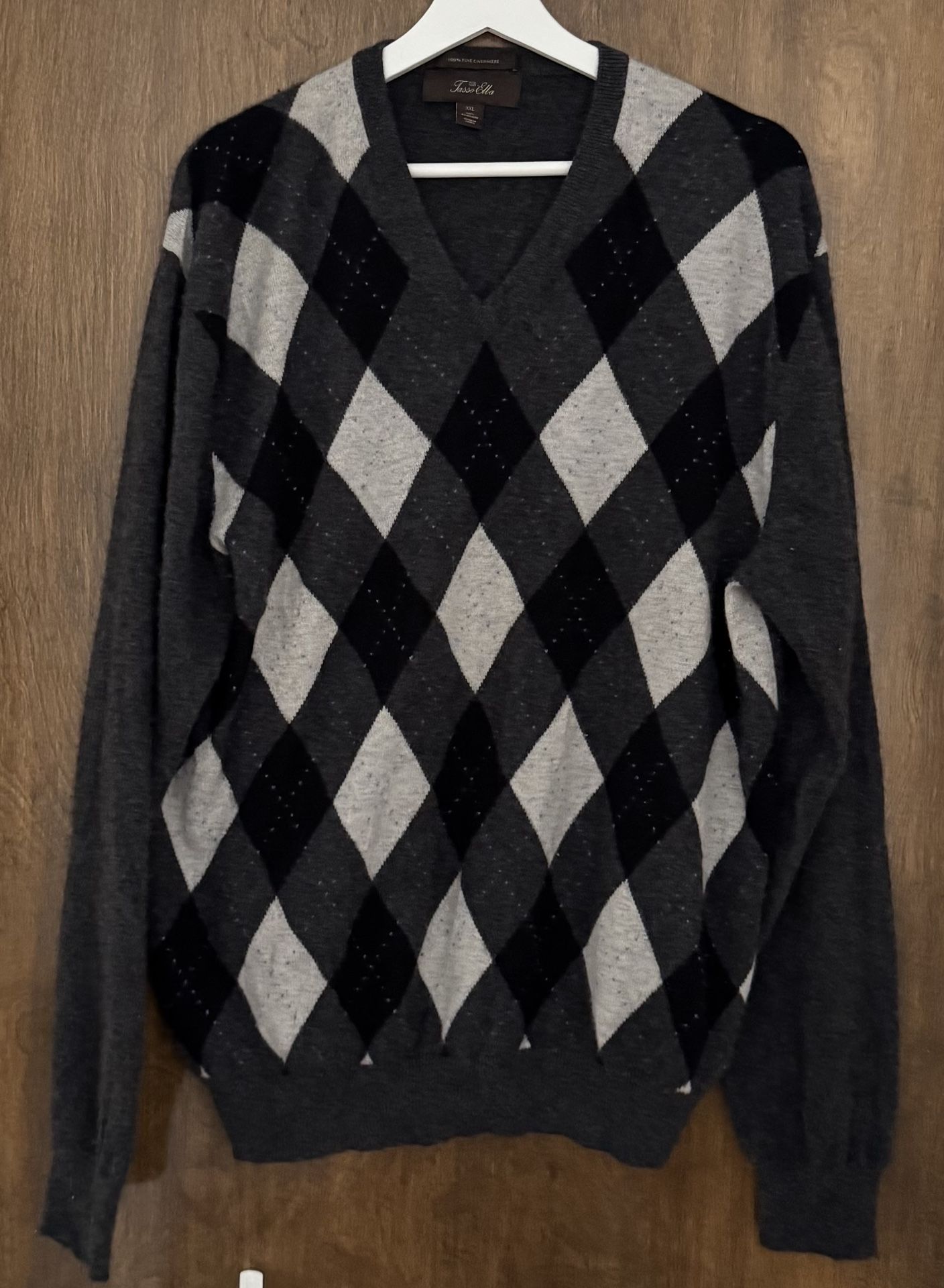 Tasso Elba Men’s 100% Fine Cashmere Argyle Gray V-neck Sweater, size XXL Plus