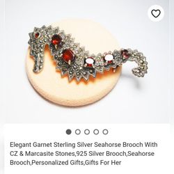 Garnet sterling silver seahorse brooch