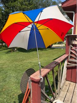 Vtg Rainbow Stripe Beach Umbrella Chair Table Sterl Clamp On 38” OBO