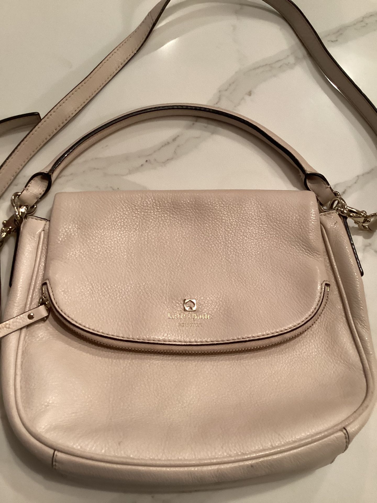 Kate Spade Very Lt Pink authentic leather fold-over crossbody purse -excellent clean condition - 9”T, 12W four pouches, two zippers