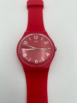 Swatch Red Analog Quartz Wristwatch Day/Date Plastic Strap Water-Resistant