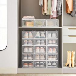 Pack of 18 Shoe Storage Organizers, Stackable Clear Plastic Boxes Transparent and White 