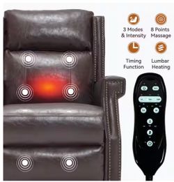 chino-Brown High-End Leather Manual Recliner Chair with Massage and Heat, Nailhead Trim, Side Pocket