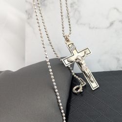 1.5" Sterling Silver Crucifix Cross W/ 20” Beaded Chain 