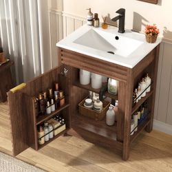 24" Bathroom Vanity Combo with Ceramic Sink & Faucet, Modern Light Oak Single Vanity Set with Fluted Door, Over-the-Door Storage Bthroom Cabinet with 