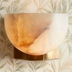 Bowl-Shaped Alabaster Sconce, 6” Diam Unique Textures Stone Wall Lamp, Hand-Polished Natural Stone Wall Mounted Lamp with Metal, Wall Light Fixture fo