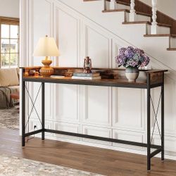 Industrial Console Table, 70.9" Sofa Table With Outlets And USB Ports. Rustic Brown