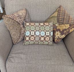 Decorative Brown Geometric Accent Pillow with Green and Gold & Cream Motifs