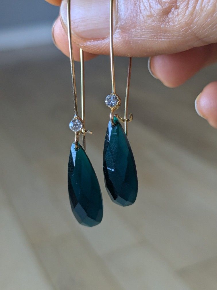 14 K Yellow Gold London Blue Simulated Topaz Earrings And Cubic Zirconia Large Teardrop 2.5". Stunning!
