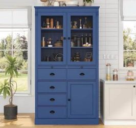 Newly Assembled  Glass Doors Kitchen Pantry Wooden Freestanding Display Storage Cabinet