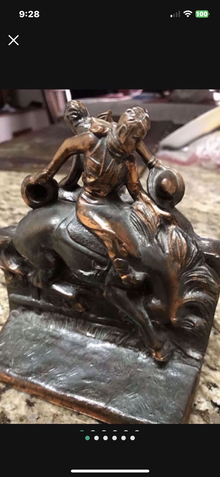 ANTIQUE AMERICAN COWBOY ON HORSE RODEO ART STATUE SCULPTURE DODGE METAL BOOKENDS