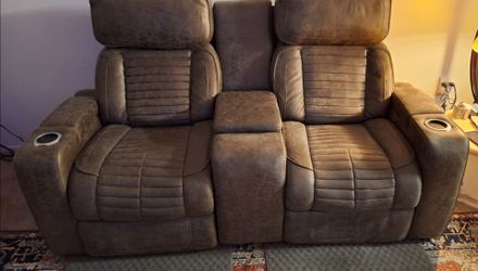 Western Furniture Design Reclinder Fine Leather Love Sofa & Single Chair Set with blue lighting floor impression.