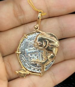 Atocha silver coin pendant in 14k gold bezel