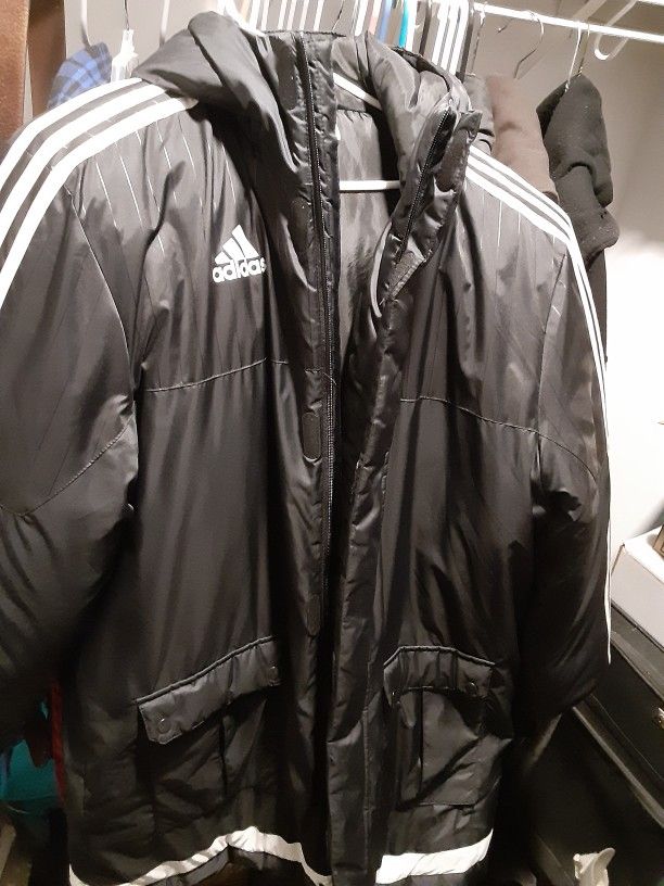 Adidas 3 stripe winter coat w/hood and pockets