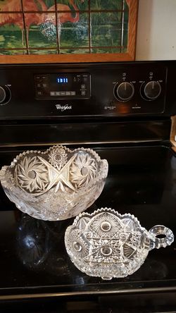 Lead Crystal Bowl and Pressed Glass Handled Dish