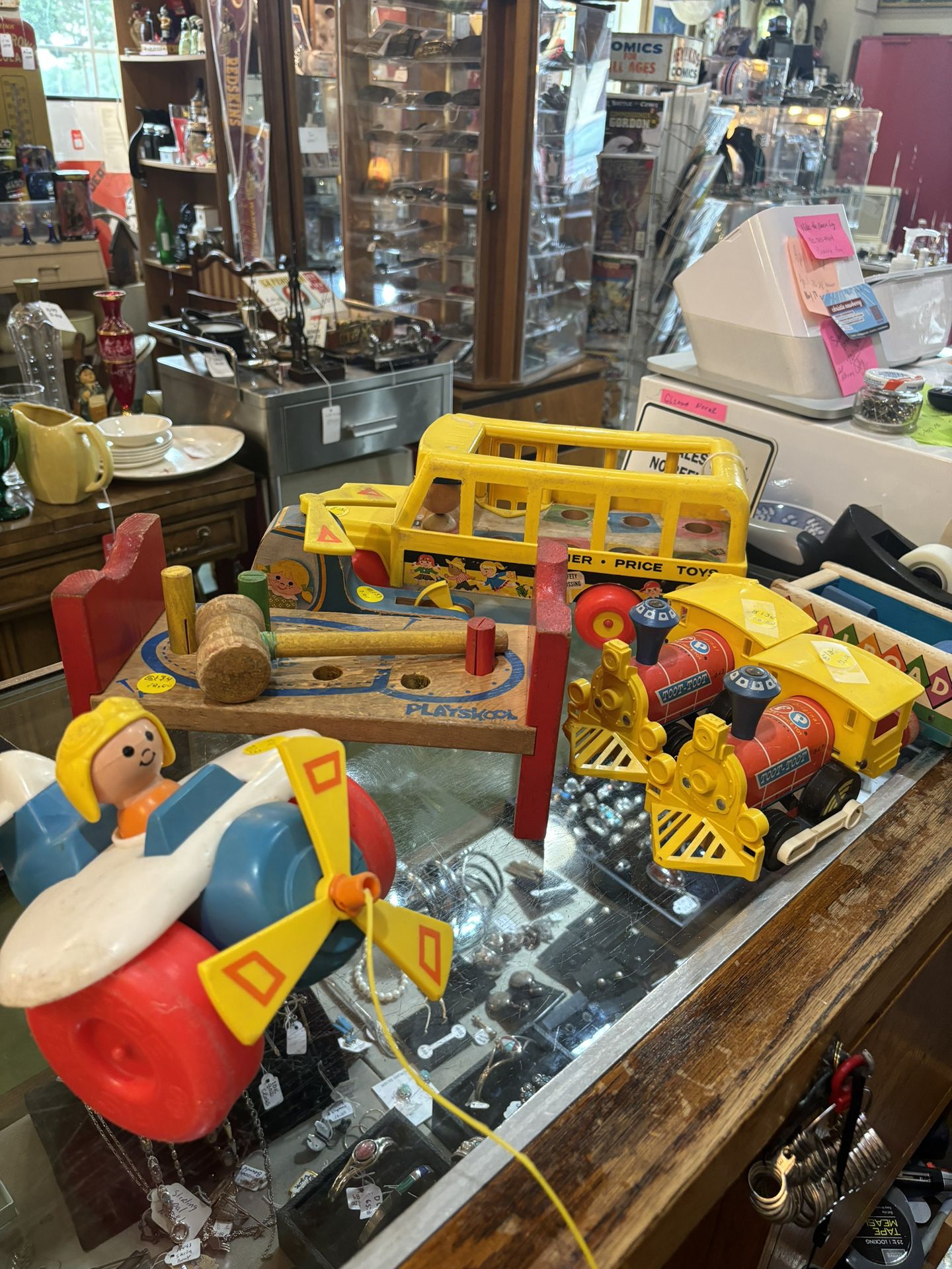 FISHER PRICE TOYS. 1960s 1970s. Prices range from 5 to 25.00.   Johanna at Antiques and More. Located at 316b Main Street Buda. Antiques vintage retro
