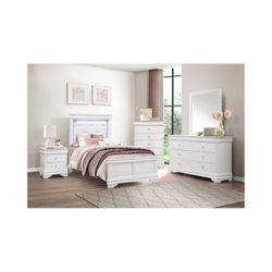 Brand New White LED Twin Bedrame + Dresser + Mirror + Nightstand 4PCs Set