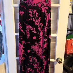 Women’s Black And Fuchsia, Long Elastic Waist Skirt Slits On The Sides