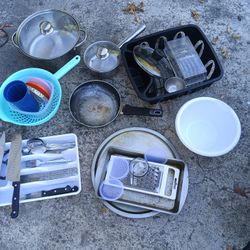 Miscellaneous kitchen items - pots, pans, silverware, knives, etc