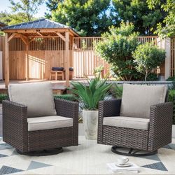 PARKWELL Outdoor Swivel Rocker Patio Chairs Set of 2,Wicker Swivel Gliders Rocking Chair for Porch Balcony Yard,Beige Cushions Lounge Chairs in Brown 