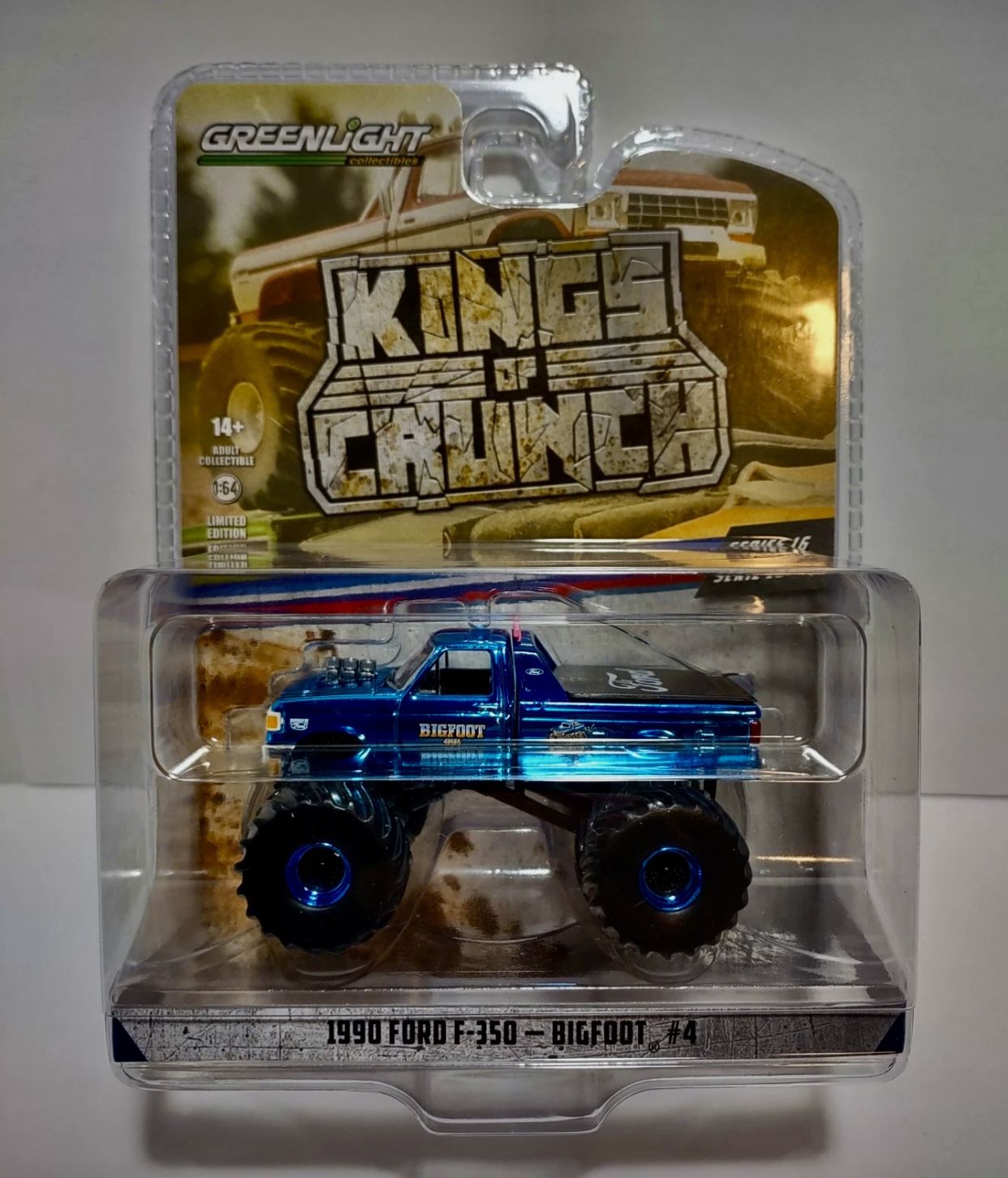 Blue  Chrome Chase Bigfoot #4 Ford F350 Truck  Kings Crunch Greenlight 1:64