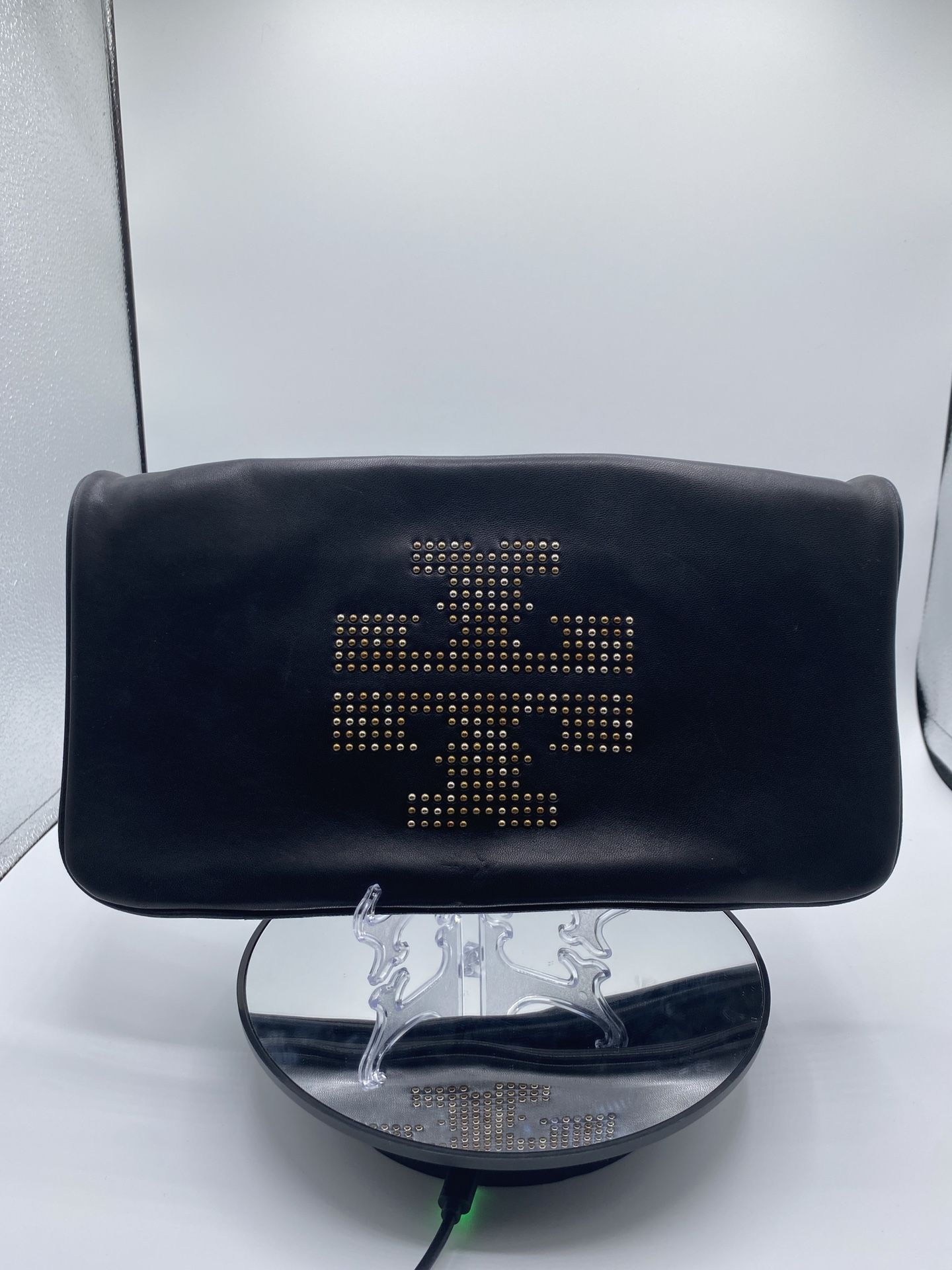 Tory Burch Authenticated Black Leather Clutch Bag with Studded Design
