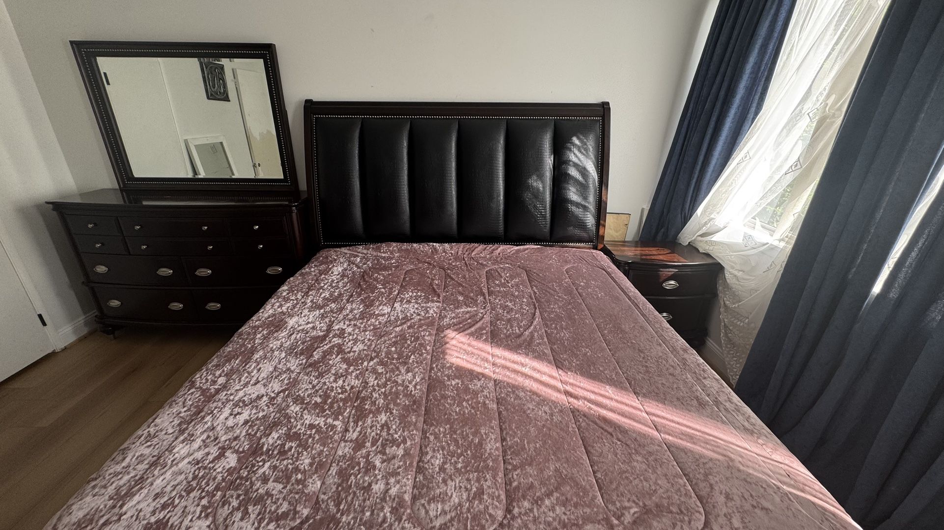 King Size Bed Set – Includes Leather Headboard, Mattress, Box Spring, Nightstand & Dresser with Mirror - $1500 OBO