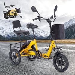 Folding Electric Tricycle for Adults, Removable 48V Battery, with 2 Seats, 350W Motor, Range up to 45 Miles Speed 12.5mph Powerful Motor The 350W (50