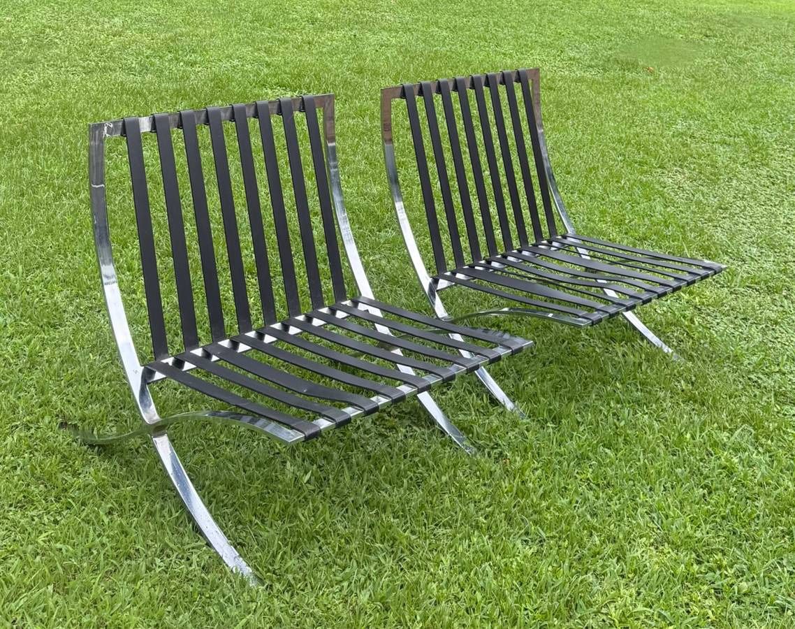 Pair Of Modern Striped Lounge Barcelona Style Chairs