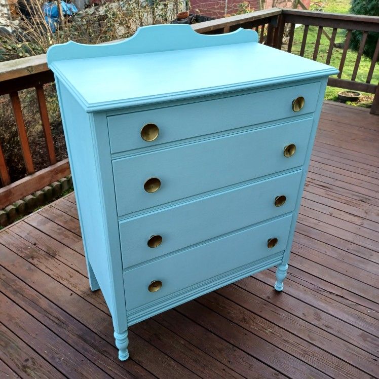 Vintage Oak Shabby Chic Serenity Blue Chalk Paint Four Drawer Dresser