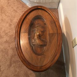 Carved Cameo Side Table w/hlass top, 18” Tall, Top 29” X 19” Excellent Condition