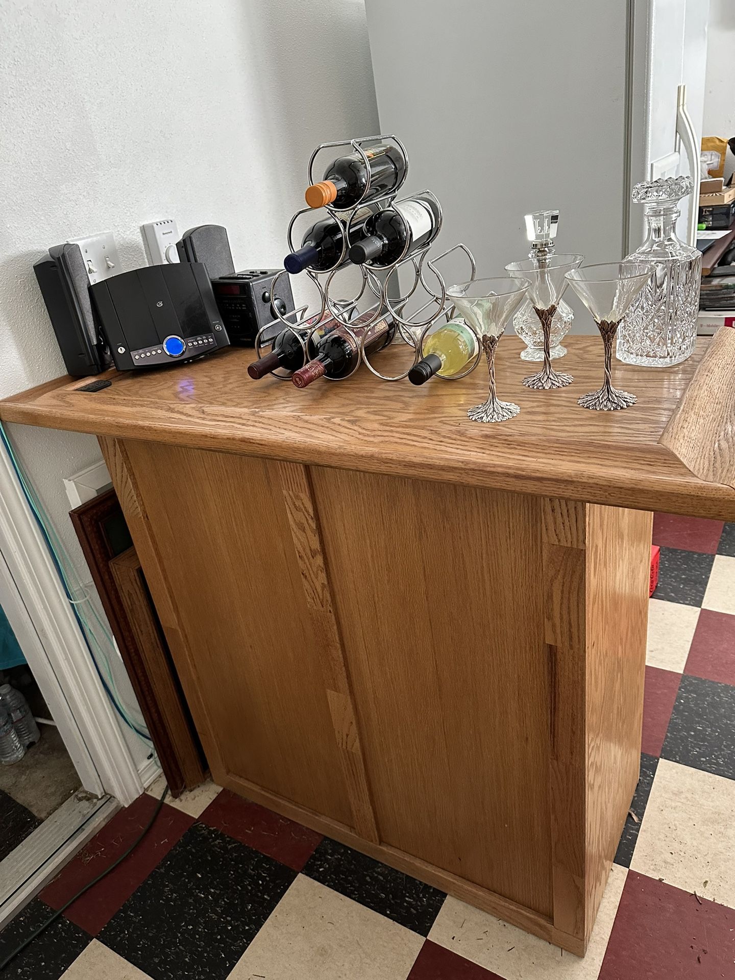 Solid Oak Bar, Table & Padded Stools